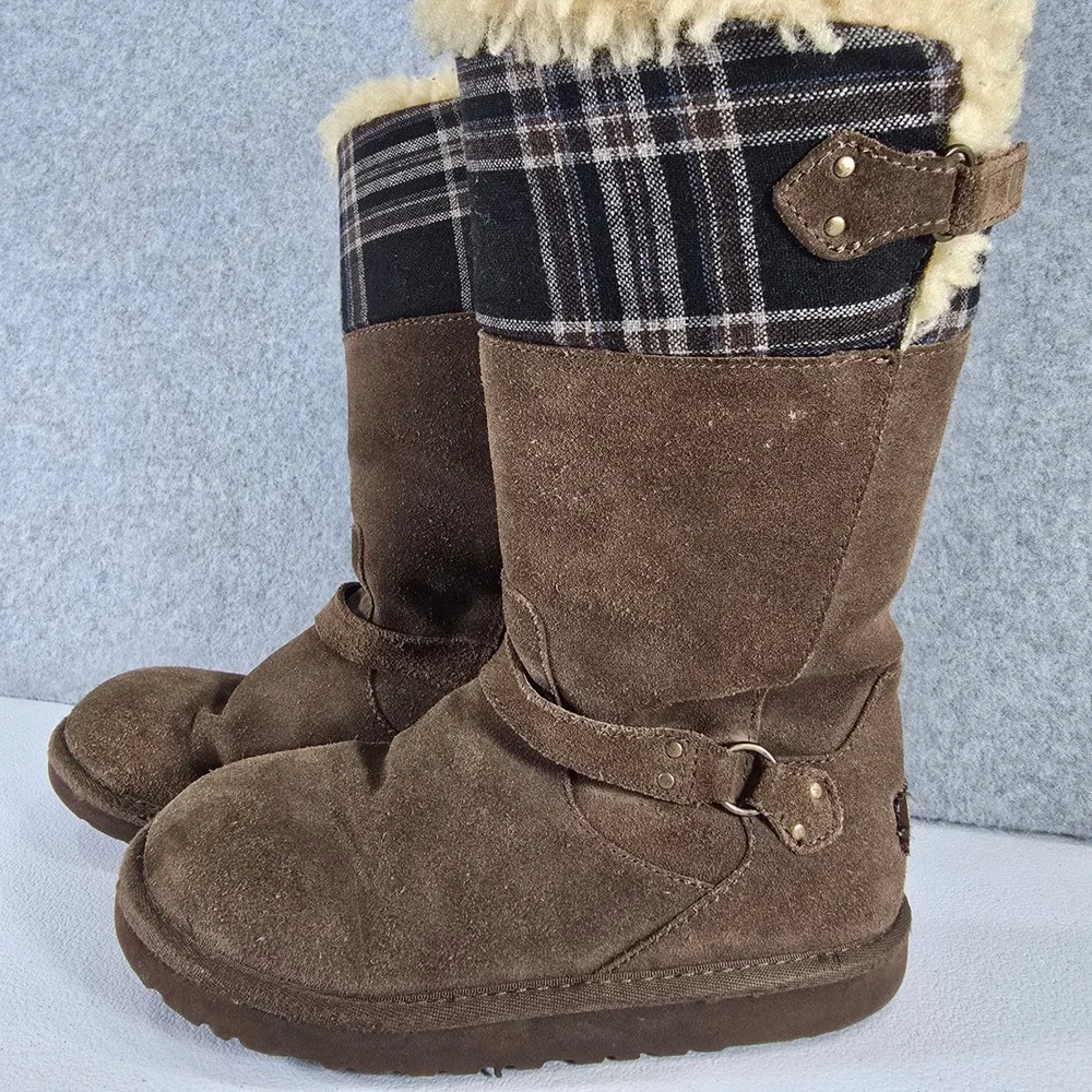 UGG Australia Girls Brown Suede Plaid Sheepskin Boots 3286 Size 3